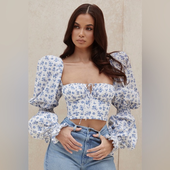 House of CB Tops - House of CB Millicent Blue Print Cropped Corset Top